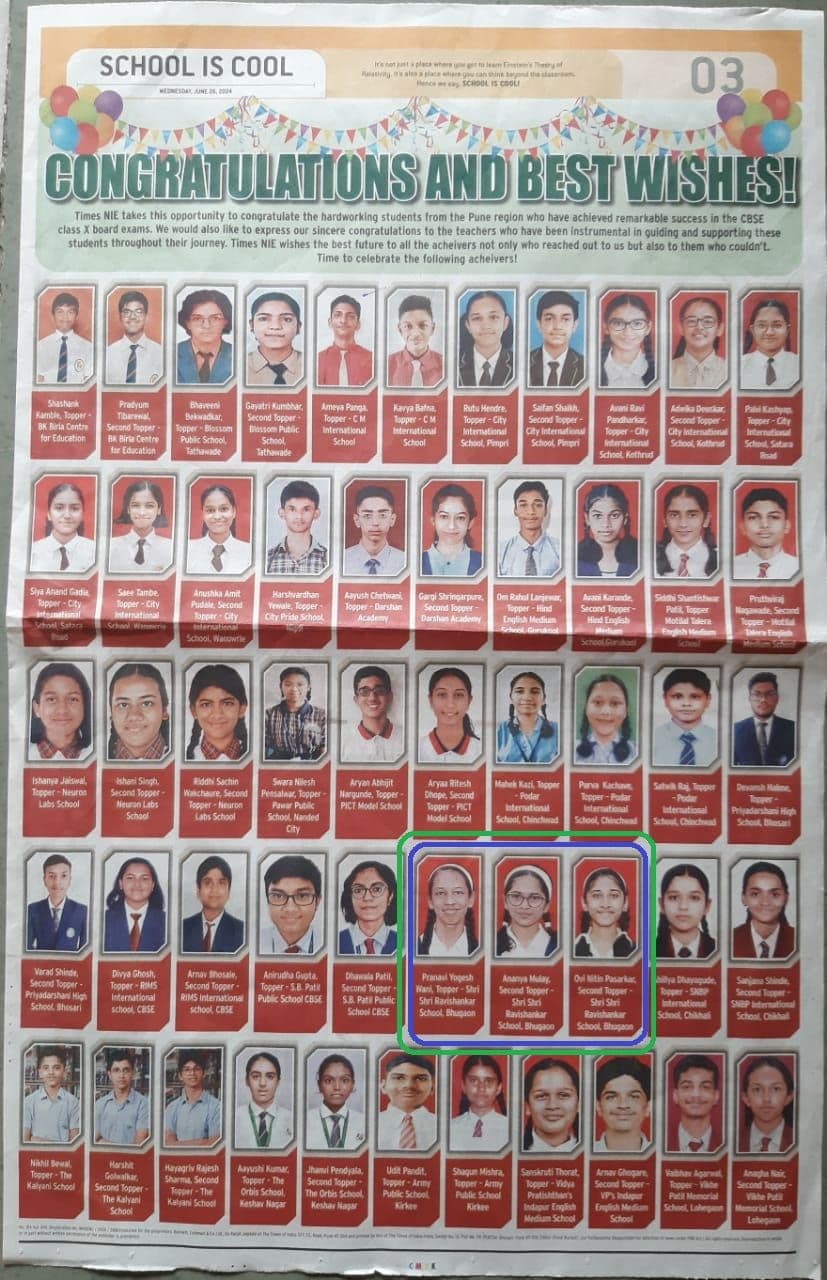 Times of India news Std. X CBSE Board Results.